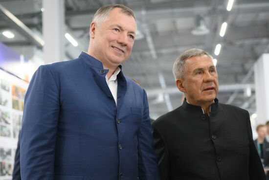 The KAZANFORUM 2024: Russia – Islamic World. From left: Marat Khusnullin, Deputy Prime Minister of the Russian Federation, Chairman of the Organizing Committee for the preparation and holding of the International Economic Forum Russia Islamic World: KazanForum, and Rustam Minnikhanov, Head of the Republic of Tatarstan, Chairman of the Russia Islamic World strategic vision group. Photos can be used on terms listed in the media-bank's Forum section. Location: Russia, Republic of Tatarstan, Kazan. Author: Alexandr Kryazhev/Sputnik. Russia – Islamic World: KAZANFORUM 2024