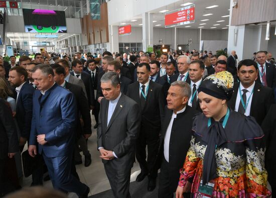 The KAZANFORUM 2024: Russia – Islamic World. From left: Marat Khusnullin, Deputy Prime Minister of the Russian Federation, Chairman of the Organizing Committee for the preparation and holding of the International Economic Forum Russia Islamic World: KazanForum, Gurbanguly Berdimuhamedov, Chairman of the People's Council of the National Assembly of Turkmenistan, and Rustam Minnikhanov , Head of the Republic of Tatarstan, Chairman of the Russia Islamic World strategic vision group. Photos can be used on terms listed in the media-bank's Forum section. Location: Russia, Republic of Tatarstan, Kazan. Author: Ilya Pitalev/Sputnik. Russia – Islamic World: KAZANFORUM 2024