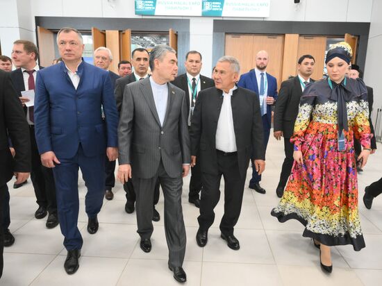 The KAZANFORUM 2024: Russia – Islamic World. From left: Marat Khusnullin, Deputy Prime Minister of the Russian Federation, Chairman of the Organizing Committee for the preparation and holding of the International Economic Forum Russia Islamic World: KazanForum, Gurbanguly Berdimuhamedov, Chairman of the People's Council of the National Assembly of Turkmenistan, Rustam Minnikhanov , Head of the Republic of Tatarstan, Chairman of the Russia Islamic World strategic vision group, and Talia Minullina, government member of the Republic of Tatarstan. Photos can be used on terms listed in the media-bank's Forum section. Location: Russia, Republic of Tatarstan, Kazan. Author: Ilya Pitalev/Sputnik. Russia – Islamic World: KAZANFORUM 2024