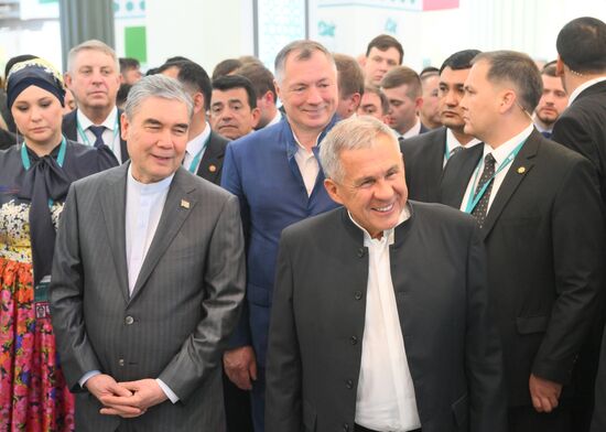 The KAZANFORUM 2024: Russia – Islamic World. From left: Talia Minullina, government member of the Republic of Tatarstan, Gurbanguly Berdimuhamedov, Chairman of the People's Council of the National Assembly of Turkmenistan, Marat Khusnullin, Deputy Prime Minister of the Russian Federation, Chairman of the Organizing Committee for the preparation and holding of the International Economic Forum Russia Islamic World: KazanForum, and Rustam Minnikhanov , Head of the Republic of Tatarstan, Chairman of the Russia Islamic World strategic vision group. Photos can be used on terms listed in the media-bank's Forum section. Location: Russia, Republic of Tatarstan, Kazan. Author: Ilya Pitalev/Sputnik. Russia – Islamic World: KAZANFORUM 2024