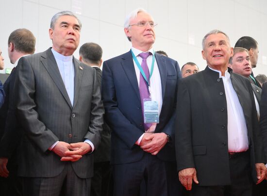 The KAZANFORUM 2024: Russia – Islamic World. From left: Gurbanguly Berdimuhamedov, Chairman of the People's Council of the National Assembly of Turkmenistan, Sergei Kogogin, Director General of KAMAZ, and Rustam Minnikhanov, Head of the Republic of Tatarstan, Chairman of the Russia Islamic World strategic vision group. Photos can be used on terms listed in the media-bank's Forum section. Location: Russia, Republic of Tatarstan, Kazan. Author: Ilya Pitalev/Sputnik. Russia – Islamic World: KAZANFORUM 2024