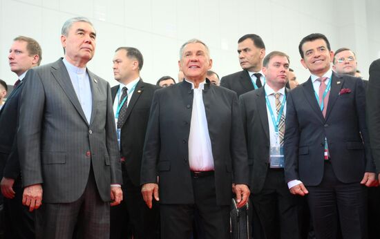 The KAZANFORUM 2024: Russia – Islamic World. From left: Gurbanguly Berdimuhamedov, Chairman of the People's Council of the National Assembly of Turkmenistan, and Rustam Minnikhanov, Head of the Republic of Tatarstan, Chairman of the Russia Islamic World strategic vision group. Photos can be used on terms listed in the media-bank's Forum section. Location: Russia, Republic of Tatarstan, Kazan. Author: Ilya Pitalev/Sputnik. Russia – Islamic World: KAZANFORUM 2024