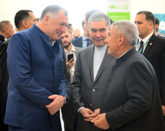 The KAZANFORUM 2024: Russia – Islamic World. From left: Marat Khusnullin, Deputy Prime Minister of the Russian Federation, Chairman of the Organizing Committee for the preparation and holding of the International Economic Forum Russia Islamic World: KazanForum, Gurbanguly Berdimuhamedov, Chairman of the People's Council of the National Assembly of Turkmenistan, and Rustam Minnikhanov, Head of the Republic of Tatarstan, Chairman of the Russia Islamic World strategic vision group. Photos can be used on terms listed in the media-bank's Forum section. Location: Russia, Republic of Tatarstan, Kazan. Author: Ilya Pitalev/Sputnik. Russia – Islamic World: KAZANFORUM 2024