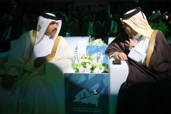KAZANFORUM 2024. Plenary session: Financial and Logistics Infrastructure of Russia and the OIC Countries. Left: Sheikh Ahmed bin Nasser bin Jassem Al-Thani, Ambassador Extraordinary and Plenipotentiary of the State of Qatar to the Russian Federation. Photos can be used on terms listed in the media-bank's Forum section. Location: Russia, Republic of Tatarstan, Kazan. Author: Kristina Kormilitsyna/Sputnik. KAZANFORUM 2024. PLENARY SESSION: FINANCIAL AND LOGISTICS INFRASTRUCTURE OF RUSSIA AND THE OIC COUNTRIES