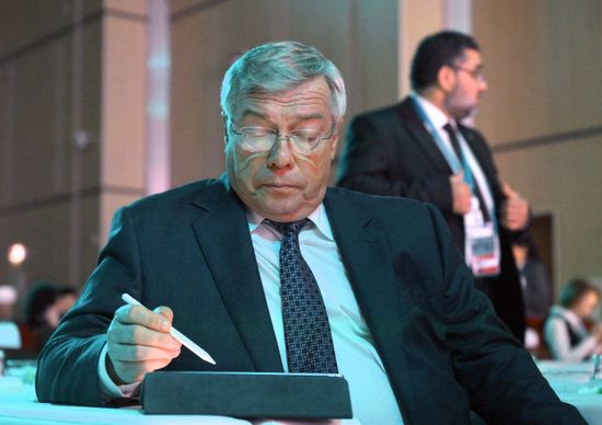 KAZANFORUM 2024. Plenary session: Financial and Logistics Infrastructure of Russia and the OIC Countries. Vasily Golubev, Governor of the Rostov Region. Photos can be used on terms listed in the media-bank's Forum section. Location: Russia, Republic of Tatarstan, Kazan. Author: Pavel Bednyakov/Sputnik. KAZANFORUM 2024. PLENARY SESSION: FINANCIAL AND LOGISTICS INFRASTRUCTURE OF RUSSIA AND THE OIC COUNTRIES