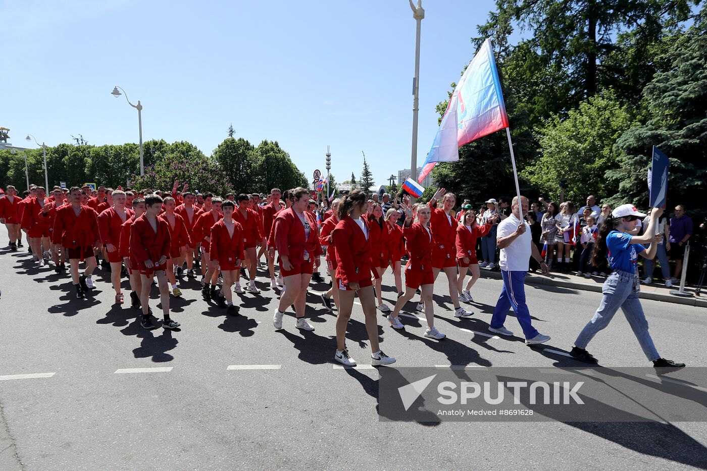 RUSSIA EXPO. Sports procession devoted to 105th anniversary of first parade on Red Square.