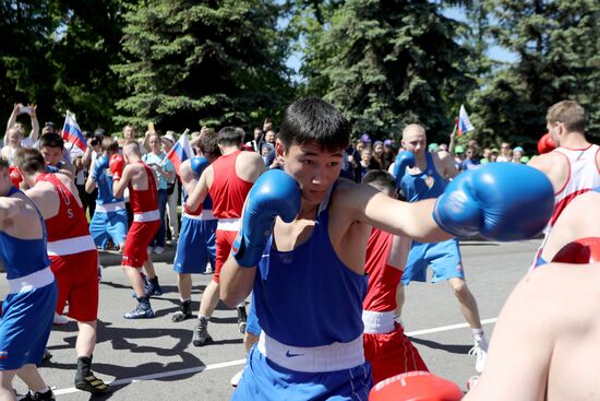 RUSSIA EXPO. Sports procession devoted to 105th anniversary of first parade on Red Square.