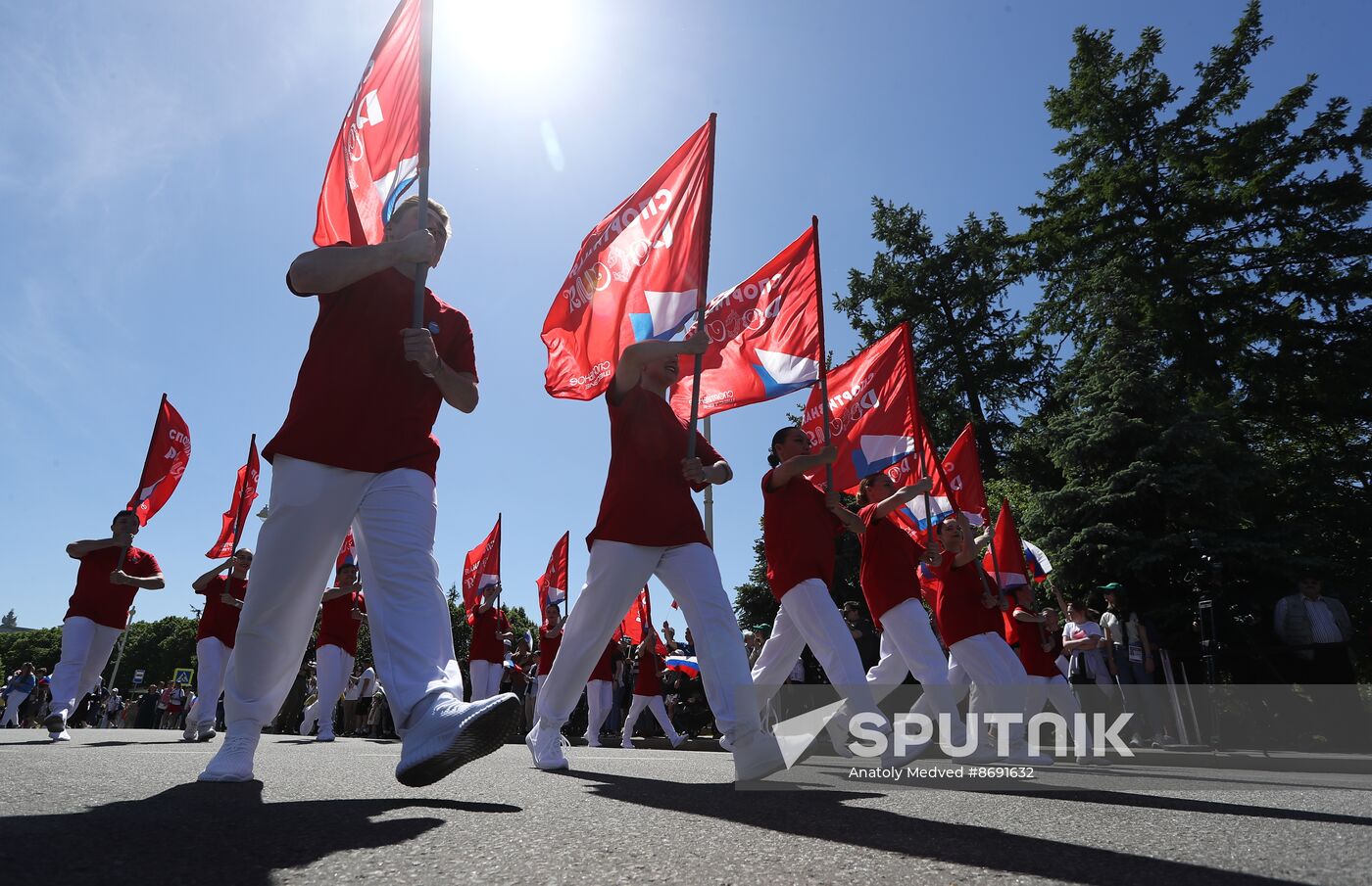 RUSSIA EXPO. Sports procession devoted to 105th anniversary of first parade on Red Square.