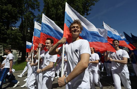 RUSSIA EXPO. Sports procession devoted to 105th anniversary of first parade on Red Square.