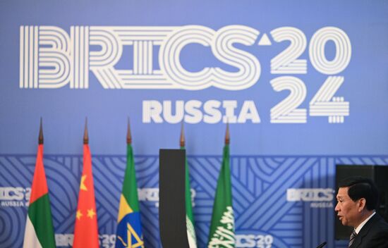 Chinese Minister of Emergency Management Wang Xiangxi speaks during a meeting of the Heads of BRICS Emergency Agencies in Kazan, Republic of Tatarstan, Russia. Location: Russia, Republic of Tatarstan, Kazan. Author: Maksim Bogodvid/Sputnik. Meeting of the Heads of BRICS Emergency Agencies