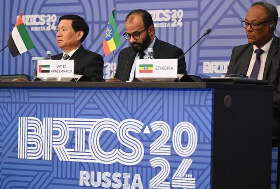 Chinese Minister of Emergency Management Wang Xiangxi, Vice President of the National Emergency Crisis and Disaster Management Authority (NCEMA) of the United Arab Emirates (UAE) Obaid Rashid Al Hosan Al Shamsi and Plenipotentiary Minister of the Ethiopian Embassy in Russia Elias Melaku Feleke attend a meeting of the Heads of BRICS Emergency Agencies in Kazan, Republic of Tatarstan, Russia. Location: Russia, Republic of Tatarstan, Kazan. Author: Maksim Bogodvid/Sputnik. Meeting of the Heads of BRICS Emergency Agencies