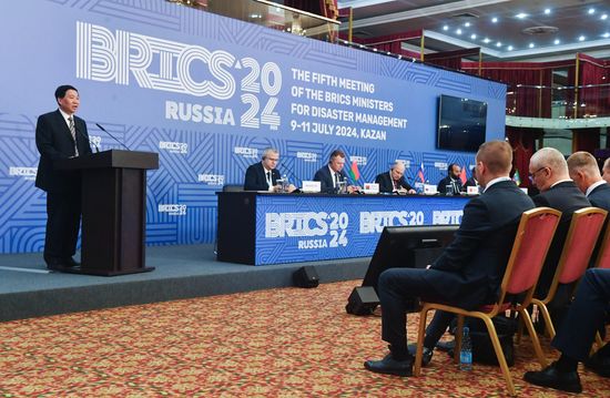 Chinese Minister of Emergency Management Wang Xiangxi speaks during a meeting of the Heads of BRICS Emergency Agencies in Kazan, Republic of Tatarstan, Russia. Location: Russia, Republic of Tatarstan, Kazan. Author: Mikhail Voskresenskiy/Sputnik. Meeting of the Heads of BRICS Emergency Agencies