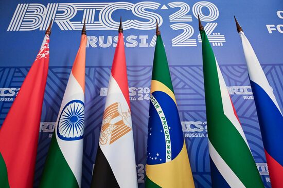 The banners of the countries taking part in the Meeting of the Heads of BRICS Emergency Agencies in Kazan. Location: Russia, Republic of Tatarstan, Kazan. Author: Maksim Bogodvid. Meeting of the Heads of BRICS Emergency Agencies