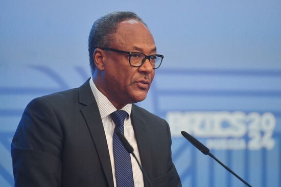 Plenipotentiary Minister of the Ethiopian Embassy in Russia Elias Melaku Feleke speaks during the meeting of the Heads of BRICS Emergency Agencies in Kazan, Republic of Tatarstan, Russia. Location: Russia, Republic of Tatarstan, Kazan. Author: Mikhail Voskresenskiy. Meeting of the Heads of BRICS Emergency Agencies
