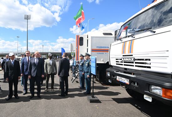 The Meeting of the Heads of BRICS Emergency Agencies. A tour of the fire and rescue equipment. From left: Chinese Minister of Emergency Management Wang Xiangxiб Emergencies Minister of Belarus Vadim Sinyavsky, Russian Emergencies Minister Alexander Kurenkov and Obaid Rashid Al Hosan Al Shamsi, Vice President of the National Emergency Crisis and Disaster Management Authority (NCEMA) of the United Arab Emirates (UAE). Location: Russia, Republic of Tatarstan, Kazan. Author: Maksim Bogodvid. Meeting of the Heads of BRICS Emergency Agencies