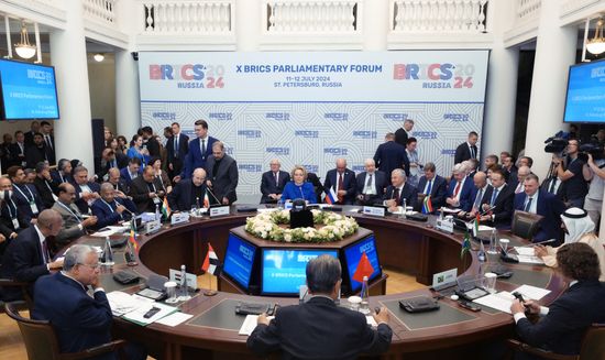 The BRICS Parliamentary Forum. Meeting, Parliamentary Changes in BRICS: Prospects of Strengthening Interparliamentary Cooperation. Back center, from left: Vyacheslav Volodin, Speaker of the State Duma, and Valentina Matvienko, Speaker of the Federation Council. Location: Russia, St. Petersburg. Author: Alexei Danichev. 10th BRICS Parliamentary Forum