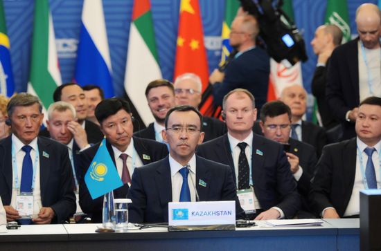 The BRICS Parliamentary Forum. Meeting, Parliaments' Role in Increasing the Efficiency of the International Relations System and Ensuring its Democratization. The delegation of Kazakhstan. Center: Maulen Ashimbayev, Chairperson of the Senate of the Parliament of Kazakhstan. Location: Russia, St. Petersburg. Author: Alexei Danichev. 10th BRICS Parliamentary Forum