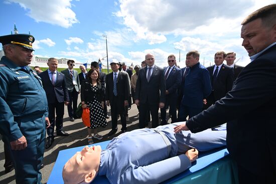 The Meeting of the Heads of BRICS Emergency Agencies. A tour of the fire and rescue equipment. Right, center: Minister for Civil Defence, Emergencies and Natural Disaster Relief of the Russian Federation Alexander Kurenkov. Location: Russia, Republic of Tatarstan, Kazan. Author: Maksim Bogodvid. Meeting of the Heads of BRICS Emergency Agencies