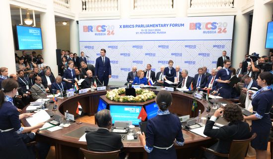 The BRICS Parliamentary Forum. Meeting, Parliamentary Changes in BRICS: Prospects of Strengthening Interparliamentary Cooperation. Background, center, from left: Russian Federation Council Speaker Valentina Matviyenko and Speaker of the Russian State Duma Vyacheslav Volodin. Location: Russia, St. Petersburg. Author: Alexei Danichev. 10th BRICS Parliamentary Forum