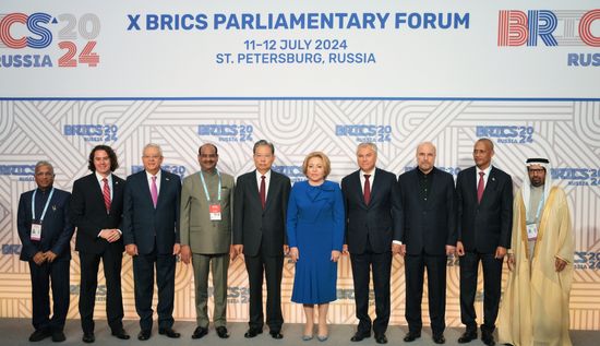 The BRICS Parliamentary Forum. A joint photo session of the heads of BRICS parliamentary delegations. From left: Harivansh Harivansh Narayan Singh, Deputy Chairman of the Council of States of the Parliament of the Republic of India (Upper House); Veneziano Vital do Rego Segundo Neto, First Deputy Chairman of the Federal Senate of the National Congress of Brazil; Hanafy Ali El Gebaly, Speaker of the House of Representatives (Egypt), Head of the delegation; Om Birla, Speaker of the Lower House of Parliament India; Zhao Leji, Chairman of the Standing Committee of the National People's Congress of China; Valentina Matviyenko, Speaker of the Federation Council of the Russian Federation, Vyacheslav Volodin, Speaker of the State Duma of the Russian Federation; Mohammad Bagher Ghalibaf, Speaker of the Islamic Consultative Assembly of the Islamic Republic of Iran; Agegnehu Teshager, Speaker of the Federation Council of Ethiopia; and Ali Rashid Al-Nuaimi, Chairman of the Defense, Internal and Foreign Policy Committee of the UAE Federal National Council. Location: Russia, St. Petersburg. Author: Alexei Danichev. 10th BRICS Parliamentary Forum