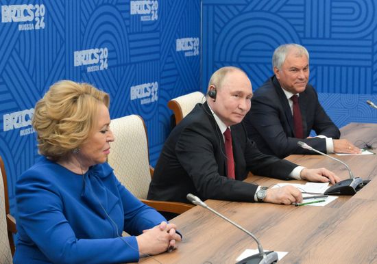 July 11, 2024. President of Russia Vladimir Putin during a meeting with Chairman of the Standing Committee of China's National People's Congress Zhao Leji on the sidelines of the 10th BRICS Parliamentary Forum. Left: Valentina Matvienko, Federation Council Speaker. Right: State Duma Speaker Vyacheslav Volodin. Location: Russia, St. Petersburg. Author: Alexei Danichev. 10th BRICS Parliamentary Forum