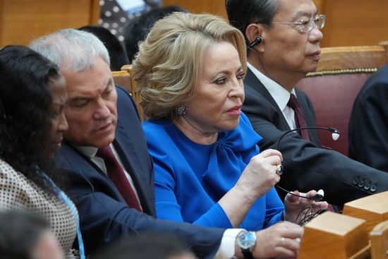 The BRICS Parliamentary Forum. Plenary meeting. Second left: Speaker of the Russian State Duma Vyacheslav Volodin, center: Federation Council Speaker Valentina Matviyenko. Location: Russia, St. Petersburg. Author: Alexander Vilf. 10th BRICS Parliamentary Forum