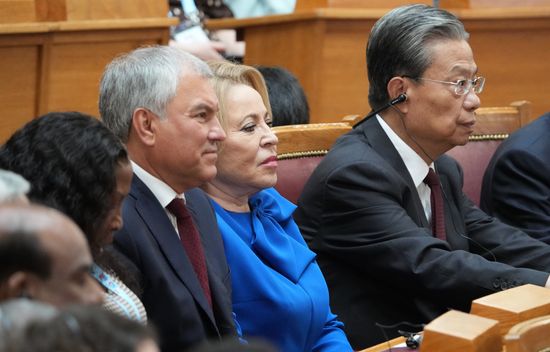 10th BRICS Parliamentary Forum. Plenary Session. Center, from left: State Duma Speaker Vyacheslav Volodin, second left, and Federation Council Speaker Valentina Matviyenko, center. Location: Russia, St. Petersburg. Author: Alexander Vilf. 10th BRICS Parliamentary Forum