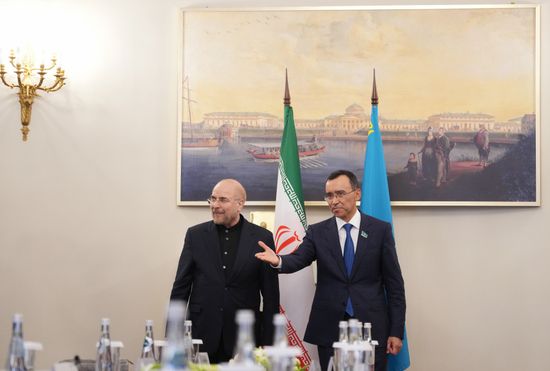 10th BRICS Parliamentary Forum. Kazakhstan-Iran bilateral meeting. From left: Mohammad Bagher Ghalibaf, Speaker of the Islamic Consultative Assembly of Iran, and Speaker of the Senate of the Parliament of Kazakhstan Maulen Ashimbayev. Location: Russia, St. Petersburg. Author: Alexander Vilf. 10th BRICS Parliamentary Forum