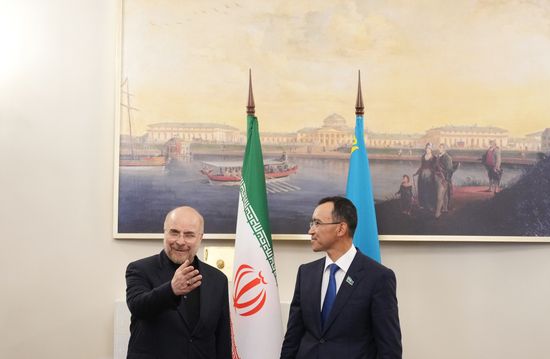 Kazakhstan-Iran bilateral meeting. From left: Mohammad Bagher Ghalibaf, Speaker of the Islamic Consultative Assembly of Iran, and Speaker of the Senate of the Parliament of Kazakhstan Maulen Ashimbayev. Location: Russia, St. Petersburg. Author: Alexander Vilf. 10th BRICS Parliamentary Forum