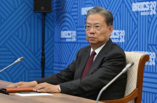 July 11, 2024. Chairman of the Standing Committee of the National People's Congress Zhao Leji during a meeting with President of Russia Vladimir Putin on the sidelines of the 10th BRICS Parliamentary Forum. Location: Russia, St. Petersburg. Author: Alexei Danichev. 10th BRICS Parliamentary Forum