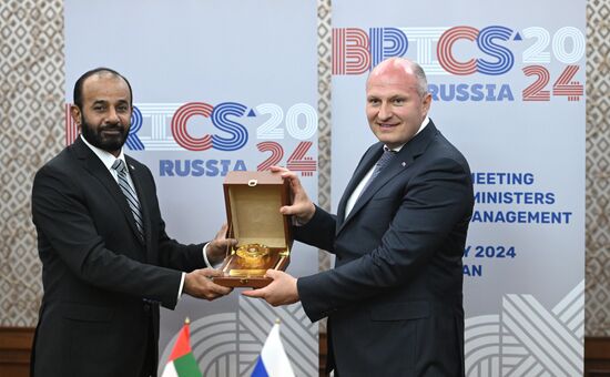 Meeting of the Heads of BRICS Emergency Agencies. Alexander Kurenkov, Minister of Civil Defense, Emergencies and Disaster Relief (EMERCOM); Obaid Rashid Al Hosan Al Shamsi, Vice President of the UAE National Emergency Crisis and Disaster Management Authority, left. Location: Russia, Republic of Tatarstan, Kazan. Author: Maksim Bogodvid. Meeting of the Heads of BRICS Emergency Agencies