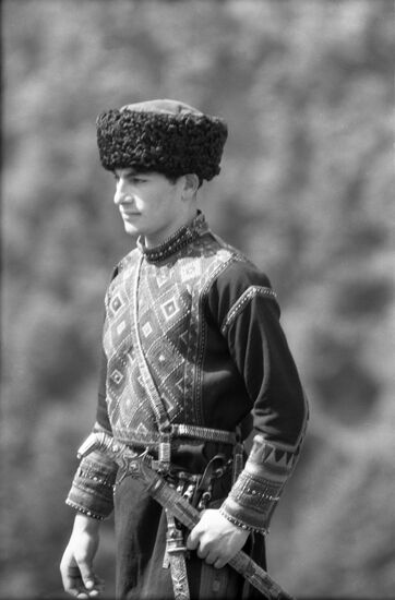 Young Khevsur man wearing ethnic clothes