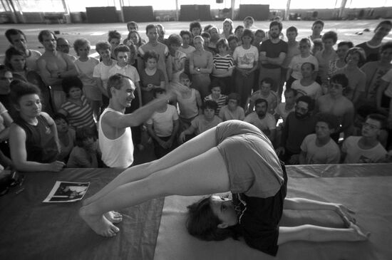 Yoga enthusiasts in training