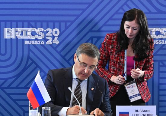 The 12th BRICS Science, Technology and Innovation Ministerial Meeting. Signing concluding documents. Valery Falkov, Minister of Science and Higher Education of the Russian Federation. Location: Russia, Moscow. Author: Alexey Maishev. 12th BRICS Science, Technology and Innovation Ministerial Meeting