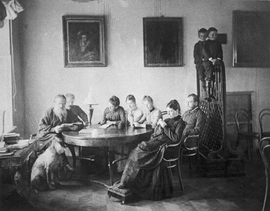 Leo Tolstoy, his family members and guests at Yasnaya Polyana
