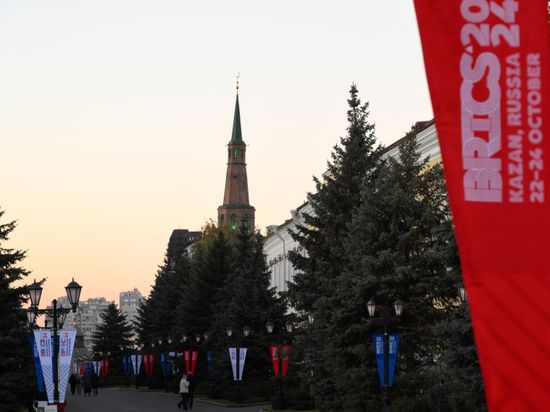 A view shows banners with the logo of the upcoming 16th BRICS Summit, with the Suyumbike Tower seen in the background, at the Kazan Kremlin in Kazan, Republic of Tatarstan, Russia. Location: Russia, Republic of Tatarstan, Kazan. Author: Maksim Bogodvid. Preparations for 16th BRICS Summit in Kazan