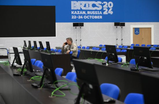Preparations for the 16th BRICS Summit in Kazan. The Press Center at Kazan Expo. The 16th BRICS Summit will be held in Kazan on October 22-24. Location: Russia, Republic of Tatarstan, Kazan. Author: Alexandr Kryazhev. Preparations for 16th BRICS Summit in Kazan