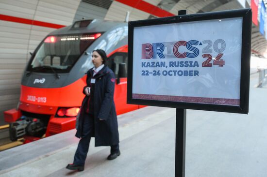 Preparations for the 16th BRICS Summit in Kazan. A summit logo at Airport Station. The 16th BRICS Summit will be held in Kazan on October 22-24. Location: Russia, Republic of Tatarstan, Kazan. Author: Alexandr Kryazhev. Preparations for 16th BRICS Summit in Kazan