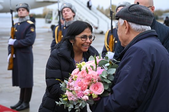 Welcoming Executive Vice President of the Bolivarian Republic of Venezuela, Vice President for the Economy and Minister of Oil of Venezuela Delcy Eloína Rodríguez Gomez at Kazan International Airport. She has arrived for the 16th BRICS Summit. Location: Russia, Republic of Tatarstan, Kazan. Author: Maksim Blinov. 16th BRICS Summit. Arrival of Executive Vice President of Bolivarian Republic of Venezuela Delcy Eloína Rodríguez Gomez