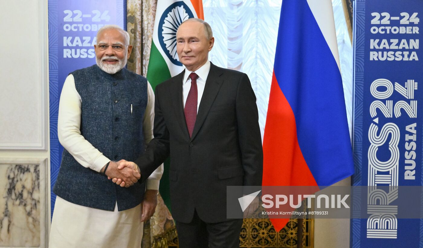 16th BRICS Summit. Russian President Vladimir Putin meets with Indian Prime Minister Narendra Modi