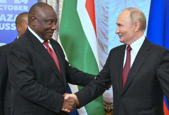 16th BRICS Summit. Russian President Vladimir Putin meets with President of South Africa Cyril Ramaphosa