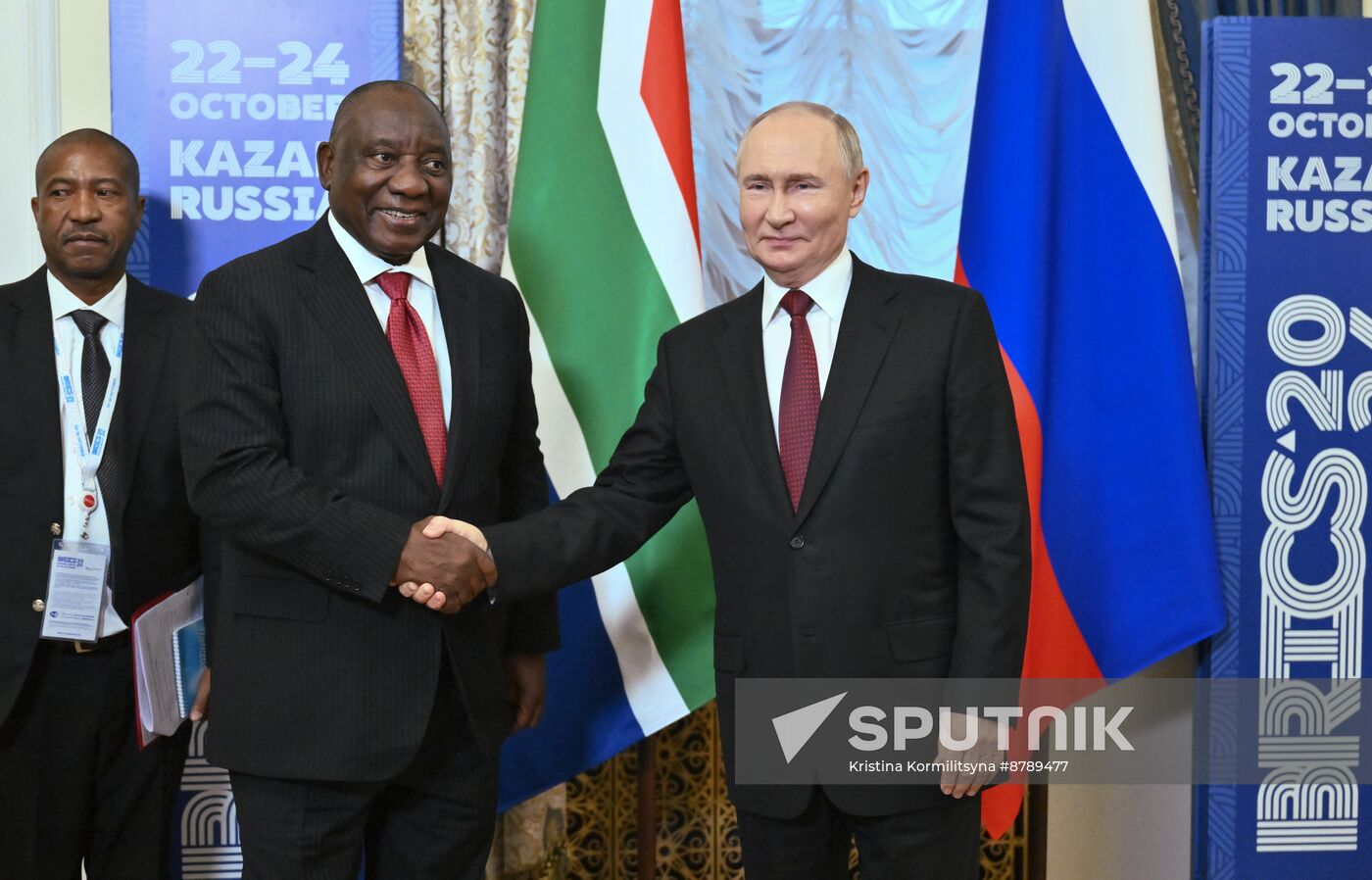 16th BRICS Summit. Russian President Vladimir Putin meets with President of South Africa Cyril Ramaphosa