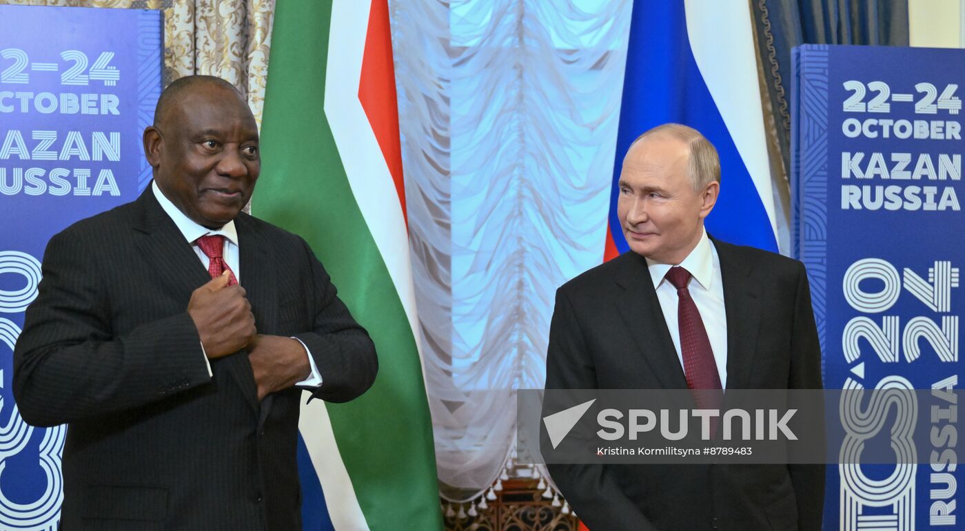 16th BRICS Summit. Russian President Vladimir Putin meets with President of South Africa Cyril Ramaphosa