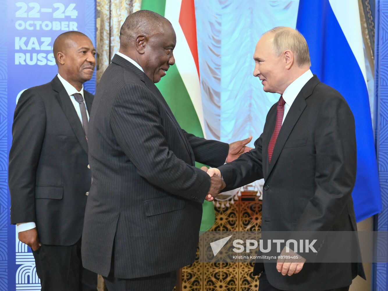 16th BRICS Summit. Russian President Vladimir Putin meets with President of South Africa Cyril Ramaphosa