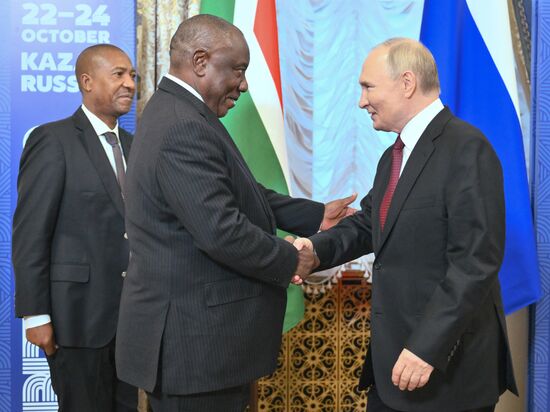 16th BRICS Summit. Russian President Vladimir Putin meets with President of South Africa Cyril Ramaphosa