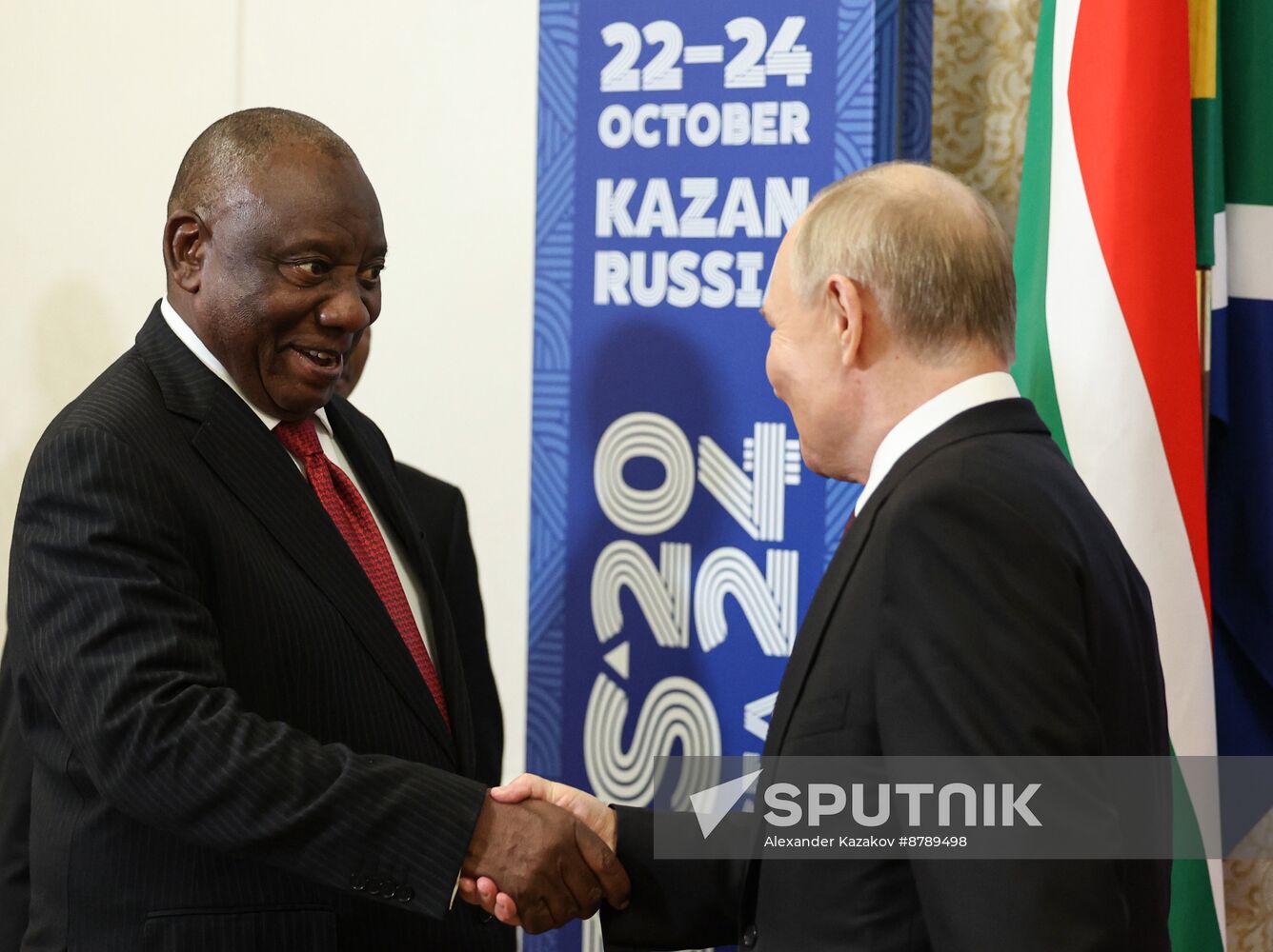 16th BRICS Summit. Russian President Vladimir Putin meets with President of South Africa Cyril Ramaphosa