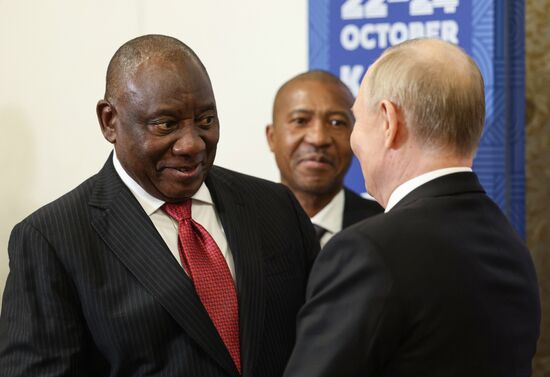 16th BRICS Summit. Russian President Vladimir Putin meets with President of South Africa Cyril Ramaphosa