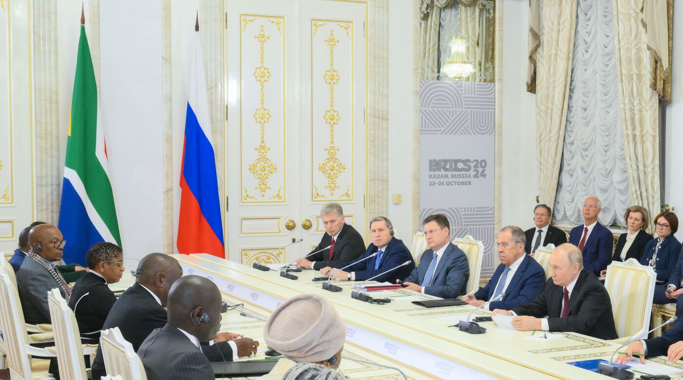 16th BRICS Summit. Russian President Vladimir Putin meets with President of South Africa Cyril Ramaphosa