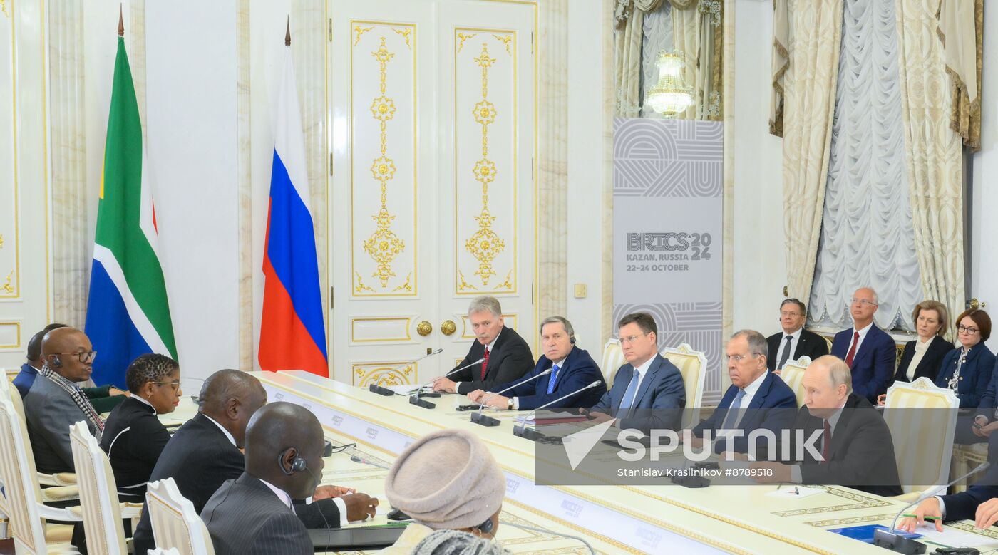 16th BRICS Summit. Russian President Vladimir Putin meets with President of South Africa Cyril Ramaphosa