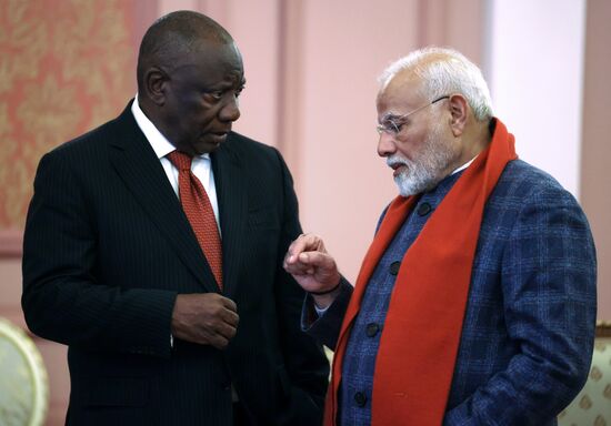 South African President Cyril Ramaphosa talks to Indian Prime Minister Narendra Modi before an informal dinner and a concert for heads of the delegations at the 16th BRICS summit in Kazan, Republic of Tatarstan, Russia. Location: Russia, Kazan. Author: Mikhail Metzel/Sputnik. 16th BRICS Summit. Informal lunch for the heads of BRICS delegations